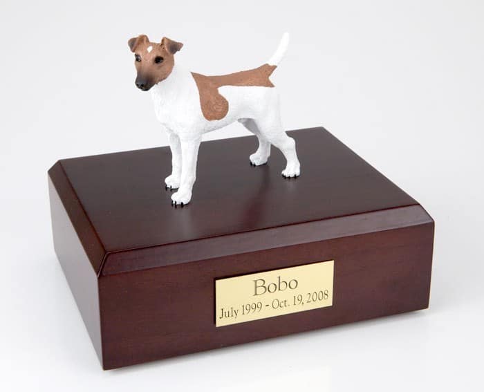 Fox Terrier figurine cremation urn w/wood box