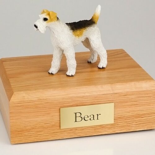 Fox Terrier figurine cremation urn w/wood box