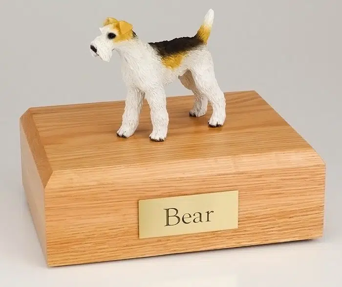 Fox Terrier figurine cremation urn w/wood box