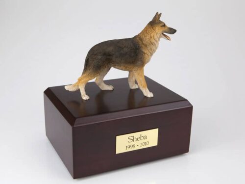 German Shepherd figurine cremation urn w/wood box