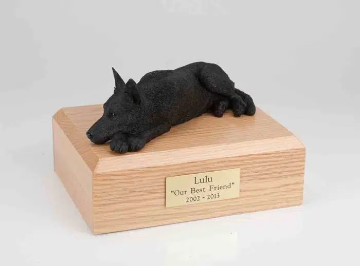 German Shepherd figurine cremation urn w/wood box