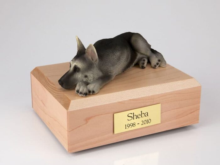 German Shepherd figurine cremation urn w/wood box