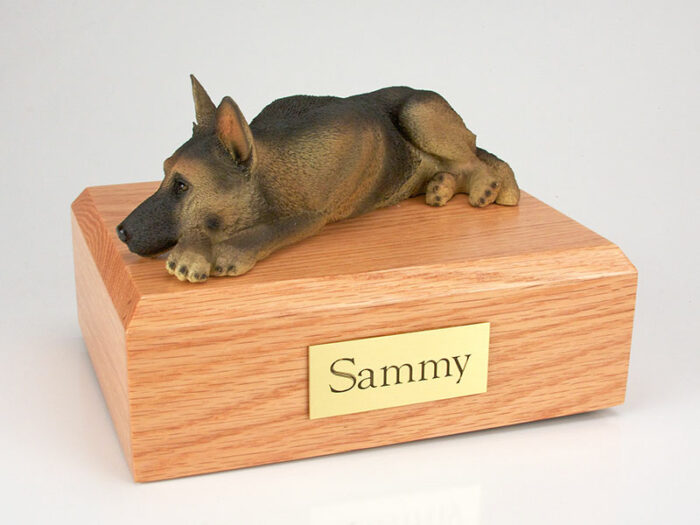 German Shepherd figurine cremation urn w/wood box