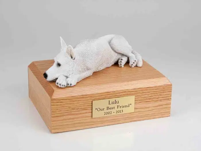 German Shepherd figurine cremation urn w/wood box