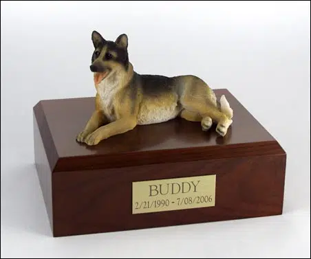 German Shepherd figurine cremation urn w/wood box