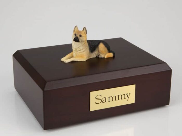 German Shepherd figurine cremation urn w/wood box