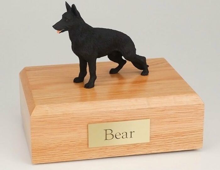 German Shepherd figurine cremation urn w/wood box
