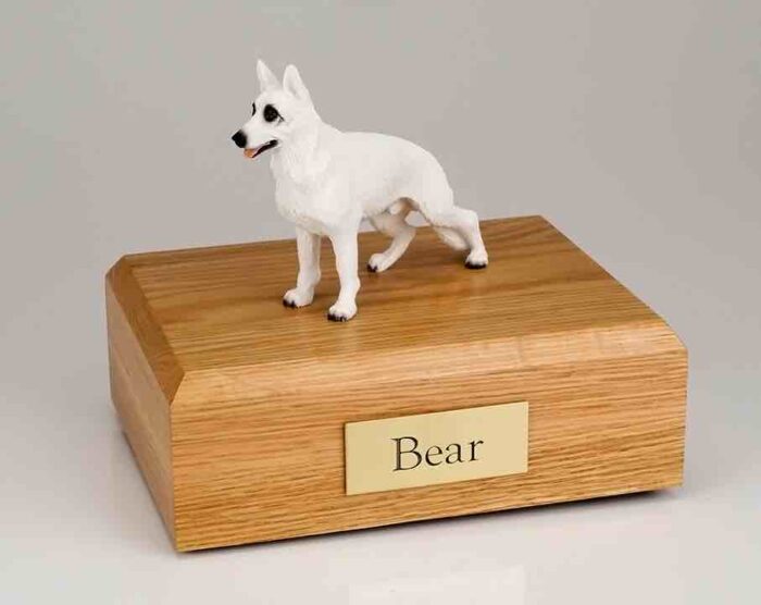 German Shepherd figurine cremation urn w/wood box