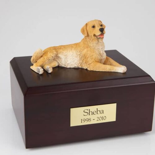 Golden retriever figurine urn w/wood box, laying