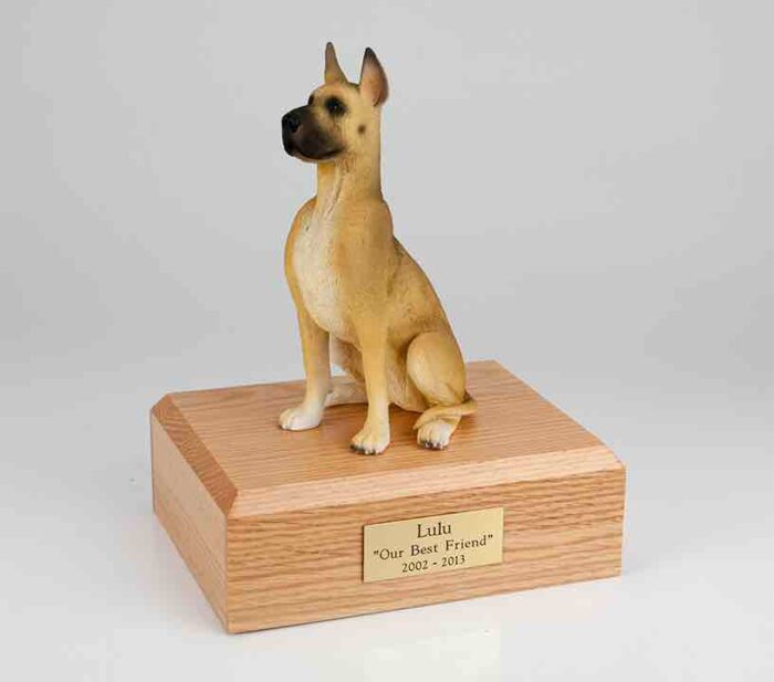 Great Dane figurine cremation urn w/wood box