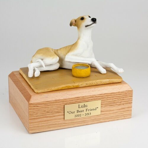 Greyhound figurine cremation urn w/wood box