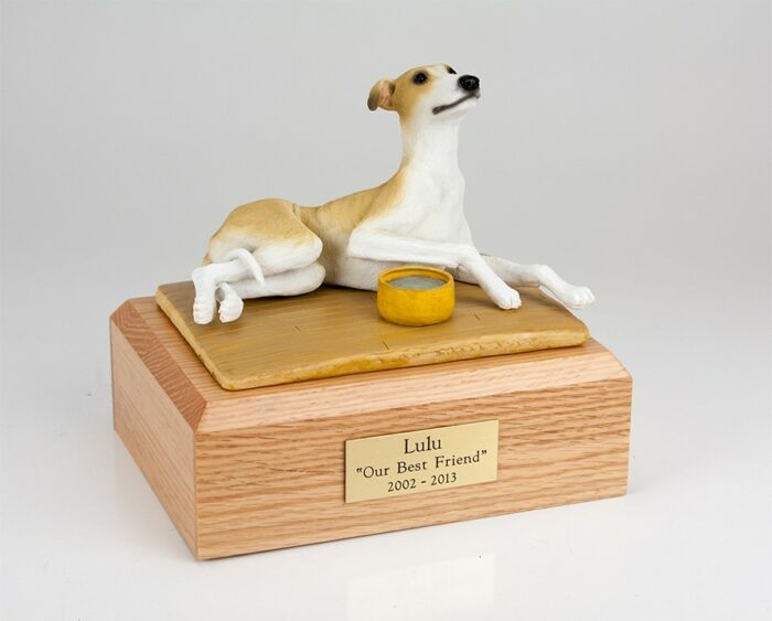 Greyhound figurine cremation urn w/wood box