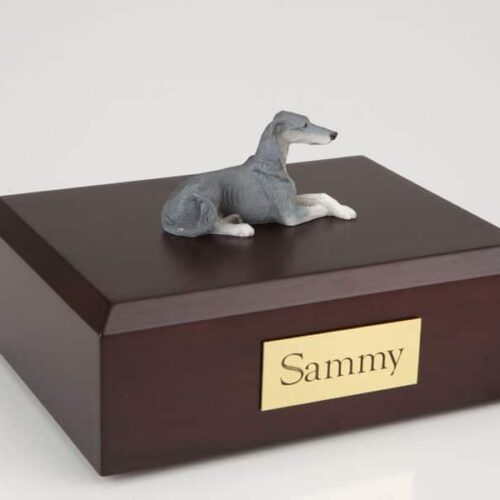 Greyhound figurine cremation urn w/wood box