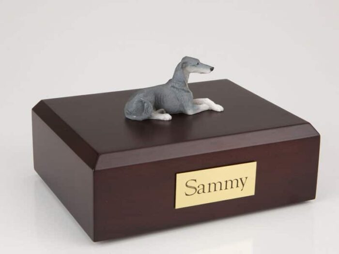 Greyhound figurine cremation urn w/wood box