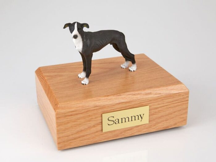 Greyhound figurine cremation urn w/wood box