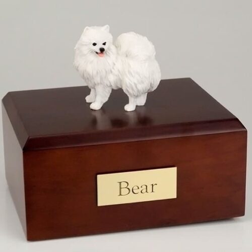 Miniature american eskimo dog figurine cremation urn w/wood box,