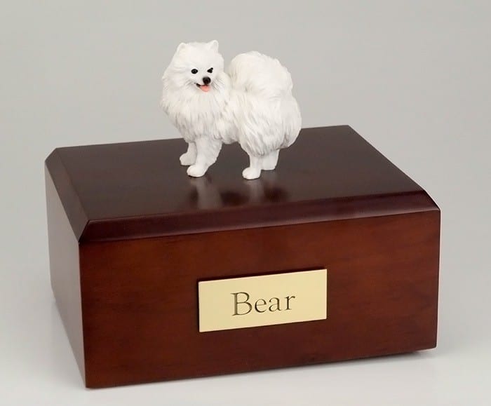 Miniature american eskimo dog figurine cremation urn w/wood box,