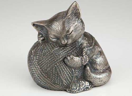 Silver finish cat cremation urn
