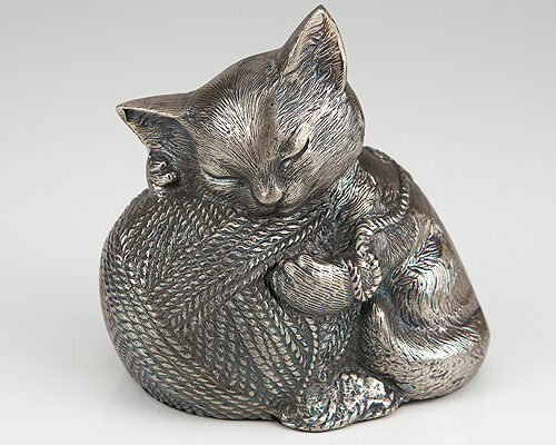 Silver finish cat cremation urn