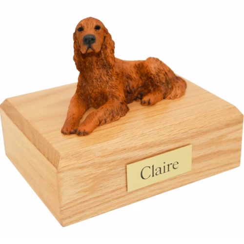 Memorial cremation oak finish urn with laying Irish Setter dog figurine
