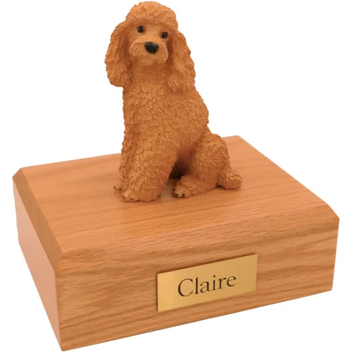 Sitting apricot poodle dog figurine wood memorial cremation urn