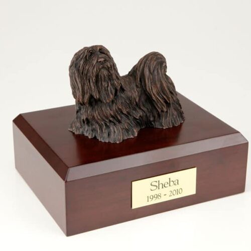 Bronze Look Lhasa Apso figurine cremation urn w/wood box