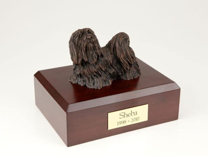 Bronze Look Lhasa Apso figurine cremation urn w/wood box