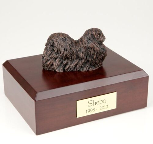 Bronze-look Pekingese figurine cremation urn w/wood box