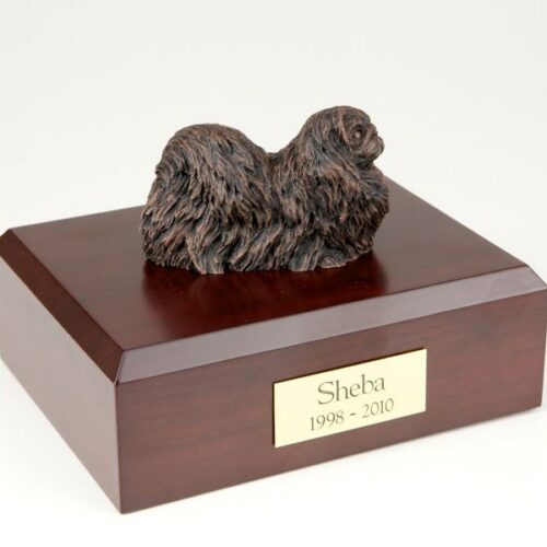 Bronze-look Pekingese figurine cremation urn w/wood box