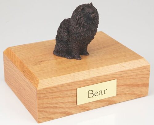 Bronze-look Pomeranian figurine cremation urn w/wood box