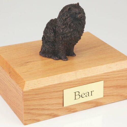 Bronze-look Pomeranian figurine cremation urn w/wood box