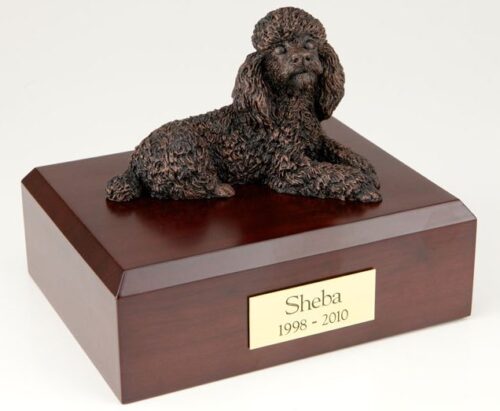 Bronze-look Poodle figurine cremation urn w/wood box