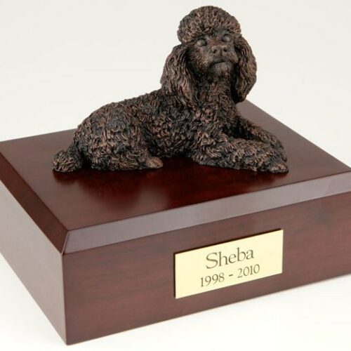 Bronze-look Poodle figurine cremation urn w/wood box