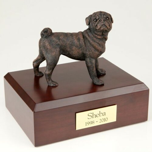 Bronze look Pug figurine cremation urn w/wood box