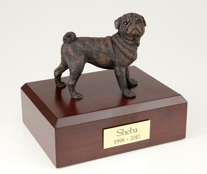 Bronze look Pug figurine cremation urn w/wood box