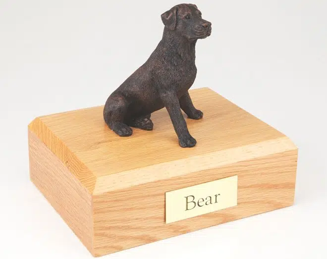 Bronze-look Rottweiler figurine cremation urn w/wood box