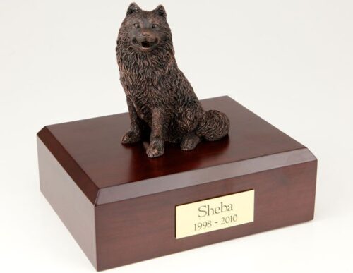 Bronze-look Samoyed figurine cremation urn w/wood box