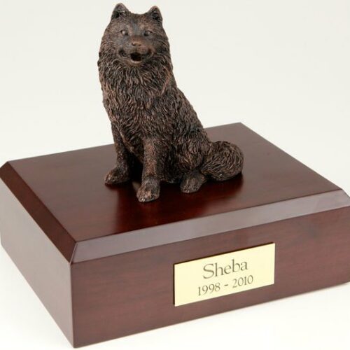 Bronze-look Samoyed figurine cremation urn w/wood box