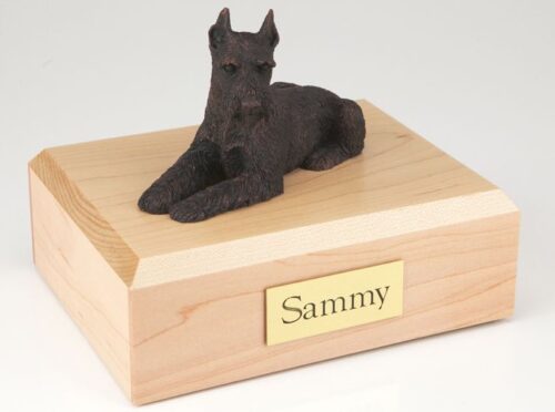 Bronze-look Schnauzer figurine cremation urn w/wood box