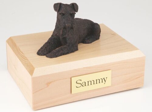 Bronze-look Schnauzer figurine cremation urn w/wood box