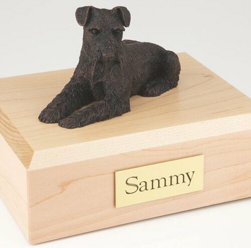 Bronze-look Schnauzer figurine cremation urn w/wood box