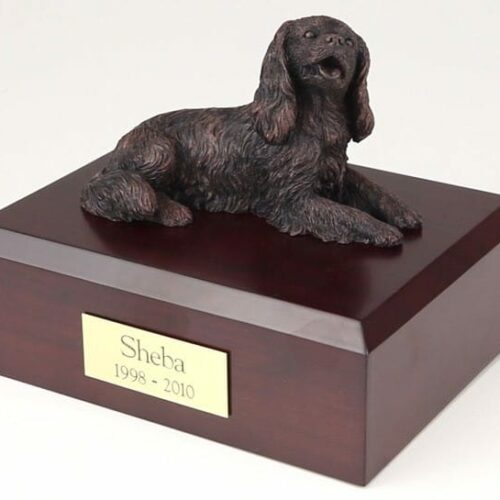 Bronze Look King Charles Spaniel figurine cremation urn w/wood box