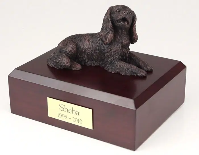 Bronze Look King Charles Spaniel figurine cremation urn w/wood box