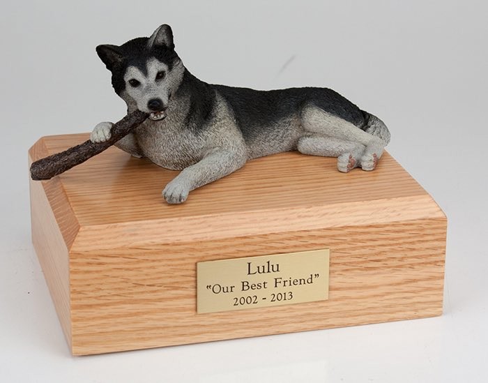 Husky figurine cremation urn w/wood box