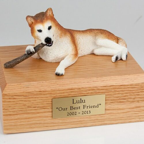 Husky figurine cremation urn w/wood box