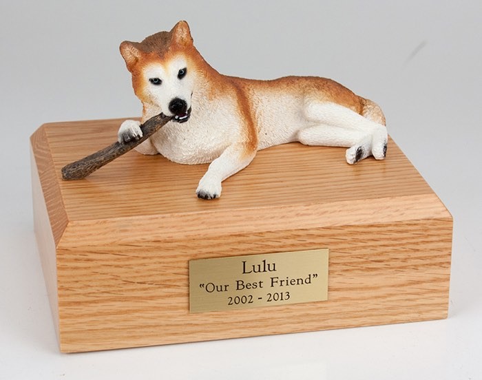 Husky figurine cremation urn w/wood box