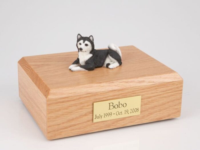 Husky figurine cremation urn w/wood box