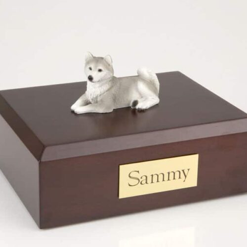 Husky figurine cremation urn w/wood box