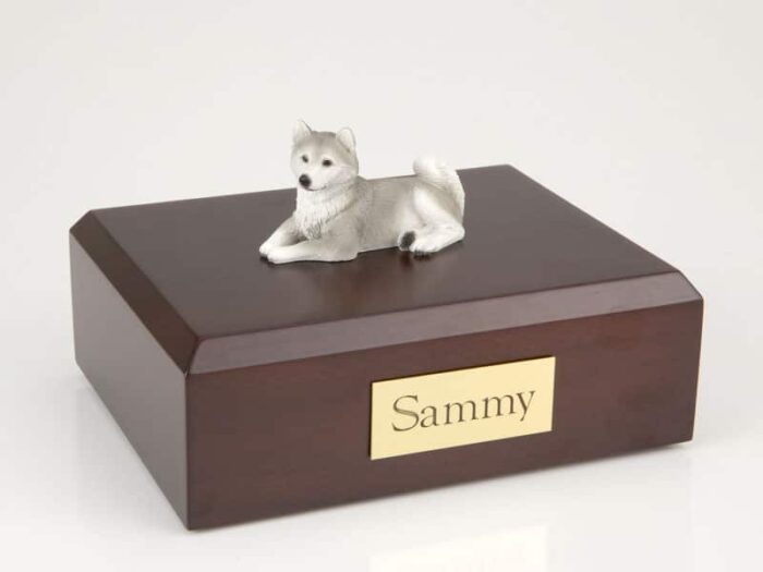 Husky figurine cremation urn w/wood box