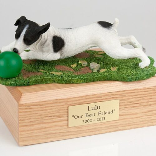 Jack Russell Terrier figurine cremation urn w/wood box